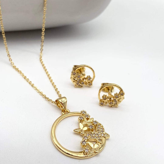 Set mariposas – Dije, cadena y aretes en Chapa de Oro 18K | MAEL