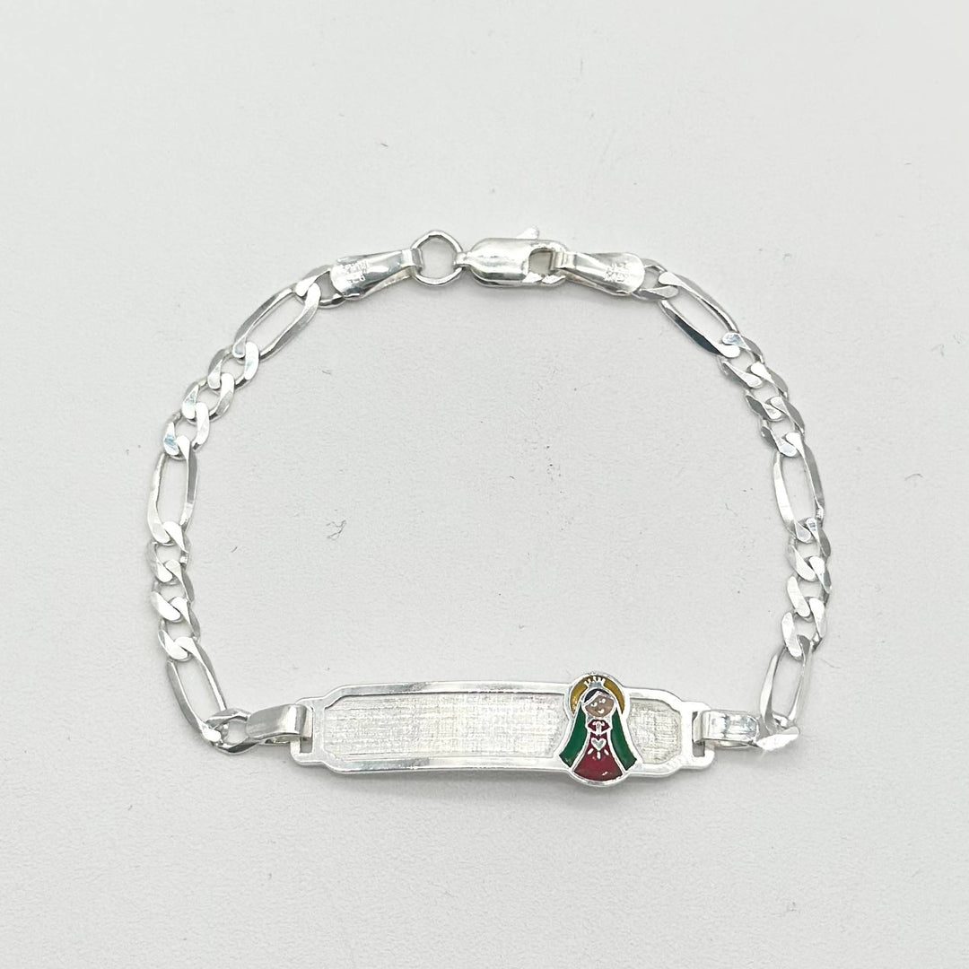 Pulsera de identidad con Virgen de Guadalupe elaborada en plata 925 mexicana, medida de 15 cm y cadena de 5 mm.