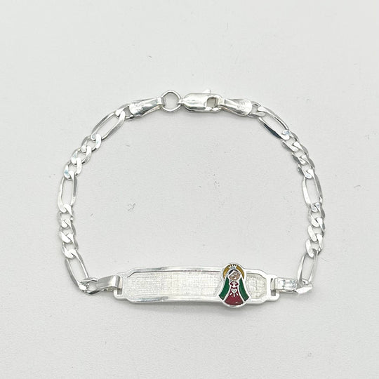 Pulsera de identidad con Virgen de Guadalupe elaborada en plata 925 mexicana, medida de 15 cm y cadena de 5 mm.