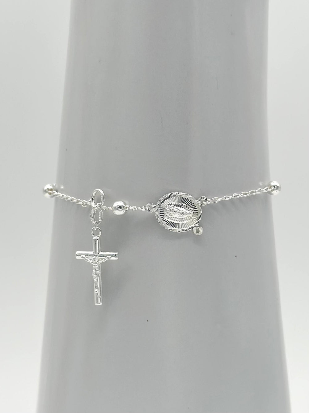 Pulsera Decenario de Plata 925 con Virgen de Guadalupe y Cruz