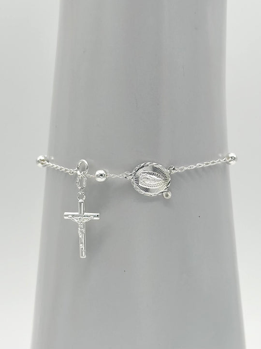 Pulsera Decenario de Plata 925 con Virgen de Guadalupe y Cruz