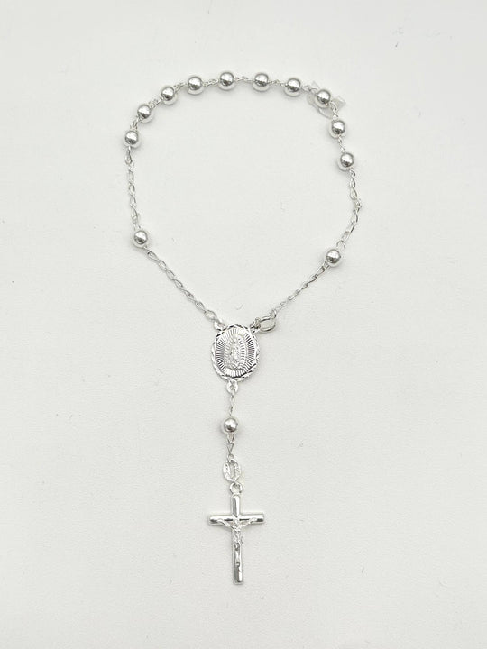 Pulsera Decenario de Plata 925 con Virgen de Guadalupe y Cruz