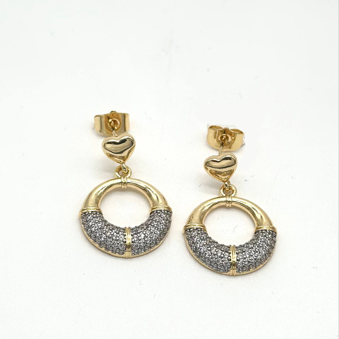 Aretes Colgantes Corazón y Círculo con Zirconias en Chapa de Oro | Mael Joyería