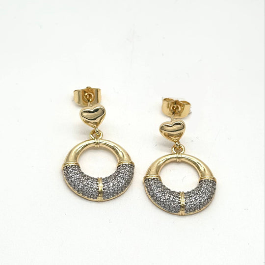 Aretes Colgantes Corazón y Círculo con Zirconias en Chapa de Oro | Mael Joyería