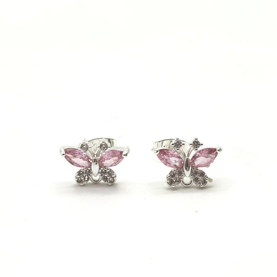 Broqueles Mariposa Rosa con Zirconias en Chapa de Rodio | Mael Joyería