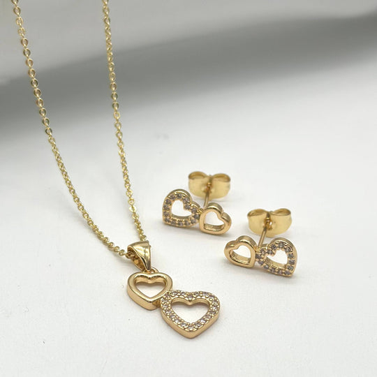 Set Corazones Entrelazados con Zirconias en Chapa de Oro | Mael Joyería