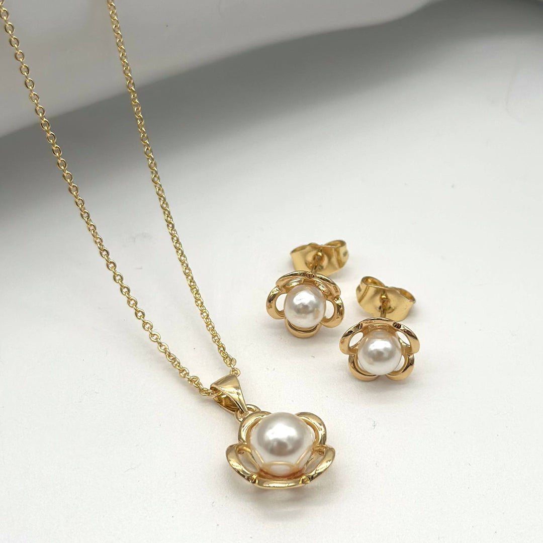 Set Flor con Perla en Chapa de Oro | Mael Joyería