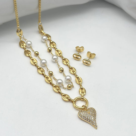 Set Corazón con Perlas y Zirconias en Chapa de Oro | Mael Joyería