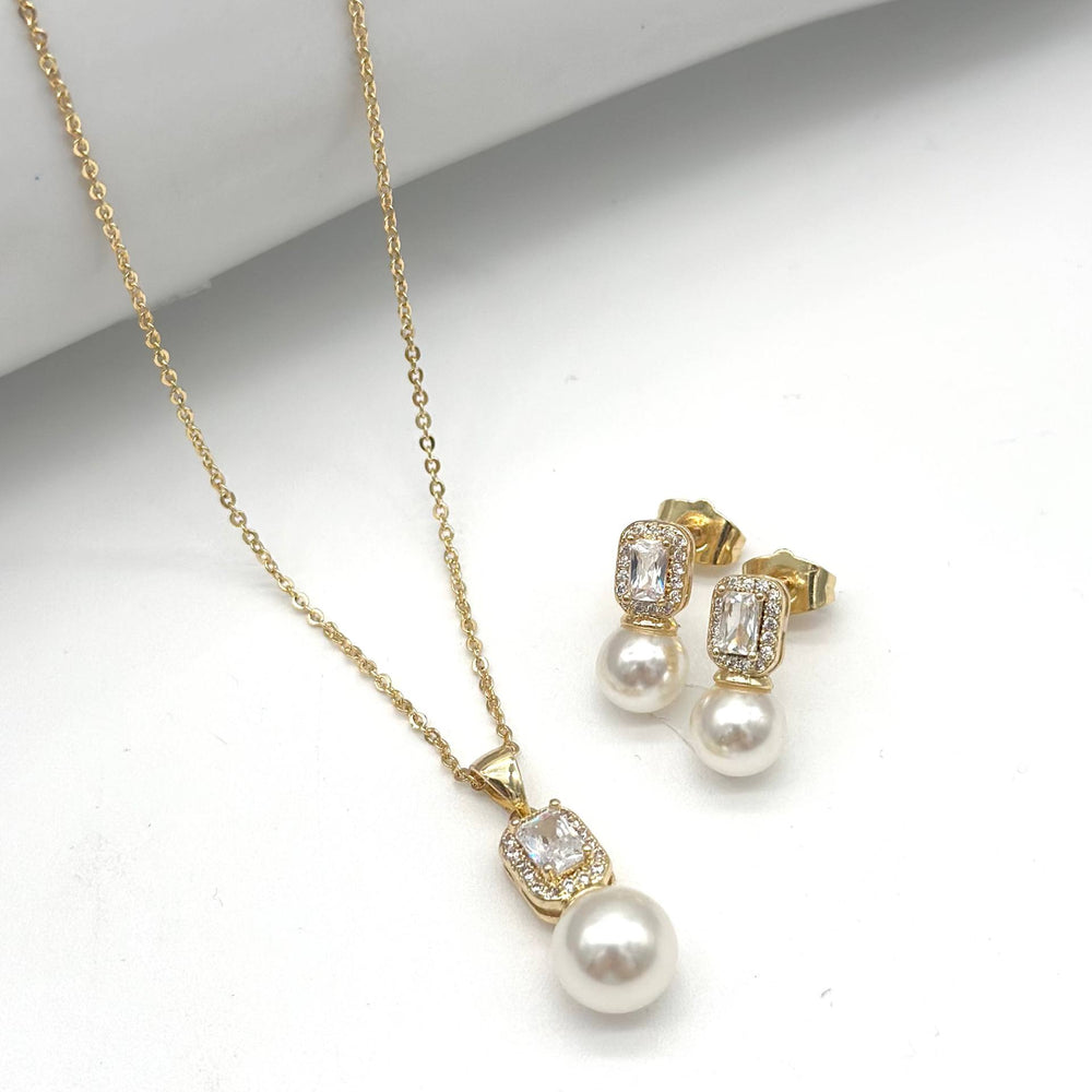 Set Perla Elegance con Zirconia Rectangular de Chapa de Oro | Mael Joyería