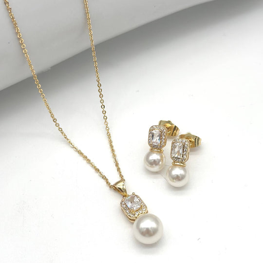 Set Perla Elegance con Zirconia Rectangular de Chapa de Oro | Mael Joyería