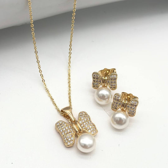Set Moño con Perla y Zirconias en Chapa de Oro | Mael Joyería