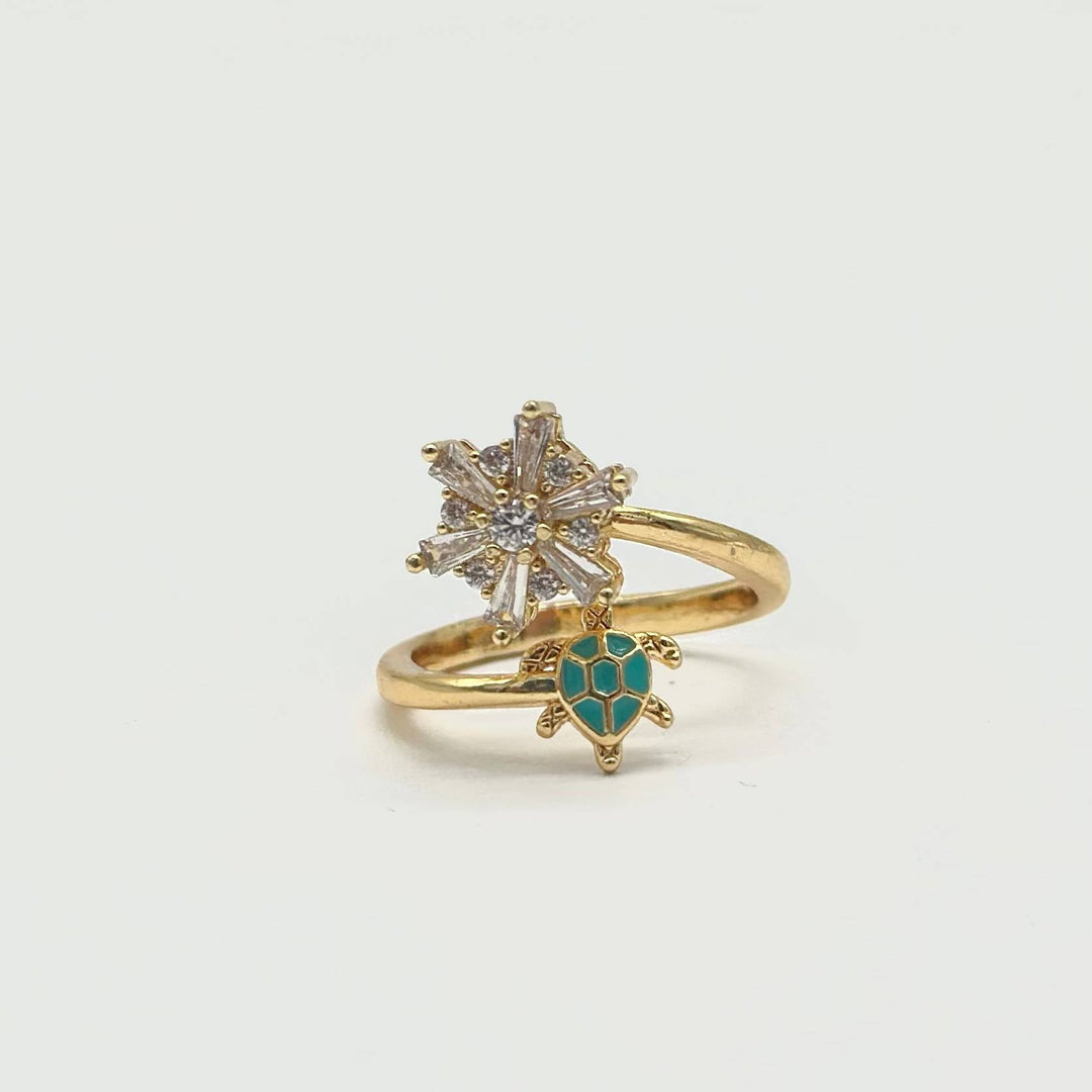 Anillo Ajustable Flor y Tortuga Dorado con Zirconias | Mael Joyeria