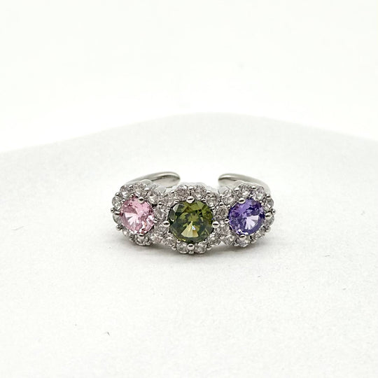 Anillo Ajustable Triple Zirconia Multicolor en Chapa de Rodio | Mael Joyeria