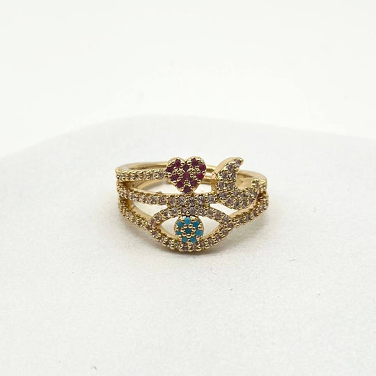 Anillo Ajustable Ojo Protector con Corazón y Mariposa en Chapa de Oro 18K| Mael joyeria