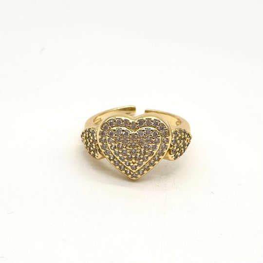 Anillo Ajustable Corazón Doble con Zirconias | Chapa de Oro 18K