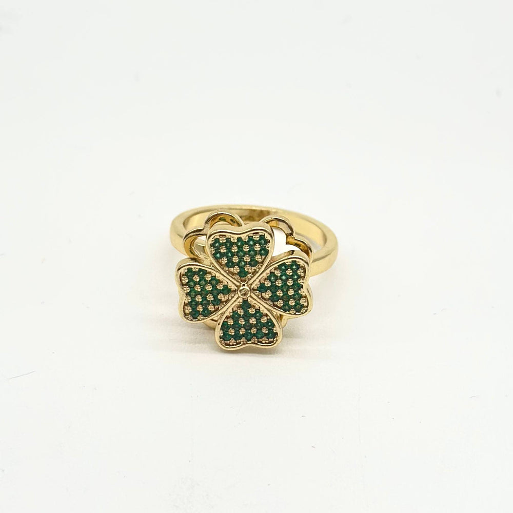 Anillo Giratorio Trébol de la Suerte con Zirconias Verdes | Chapa de Oro 18K