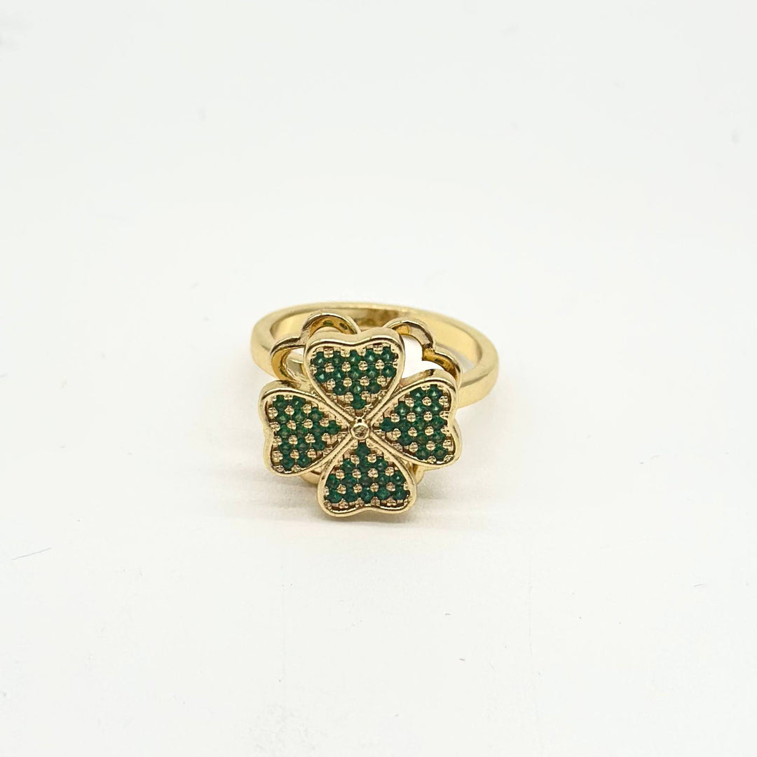 Anillo Giratorio Trébol de la Suerte con Zirconias Verdes | Chapa de Oro 18K