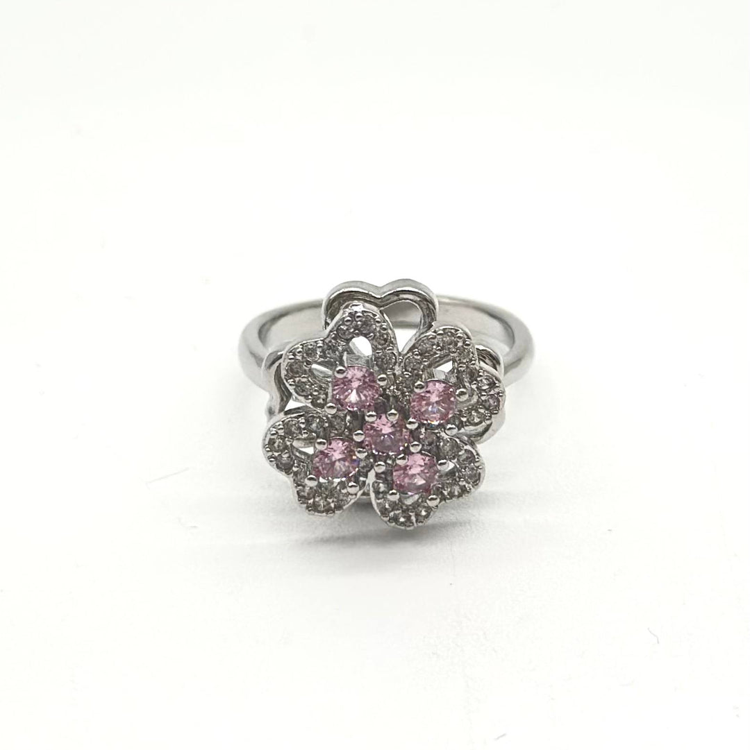Anillo Giratorio Flor Rosa con Zirconias | Chapa de Rodio