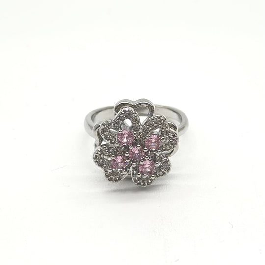 Anillo Giratorio Flor Rosa con Zirconias | Chapa de Rodio
