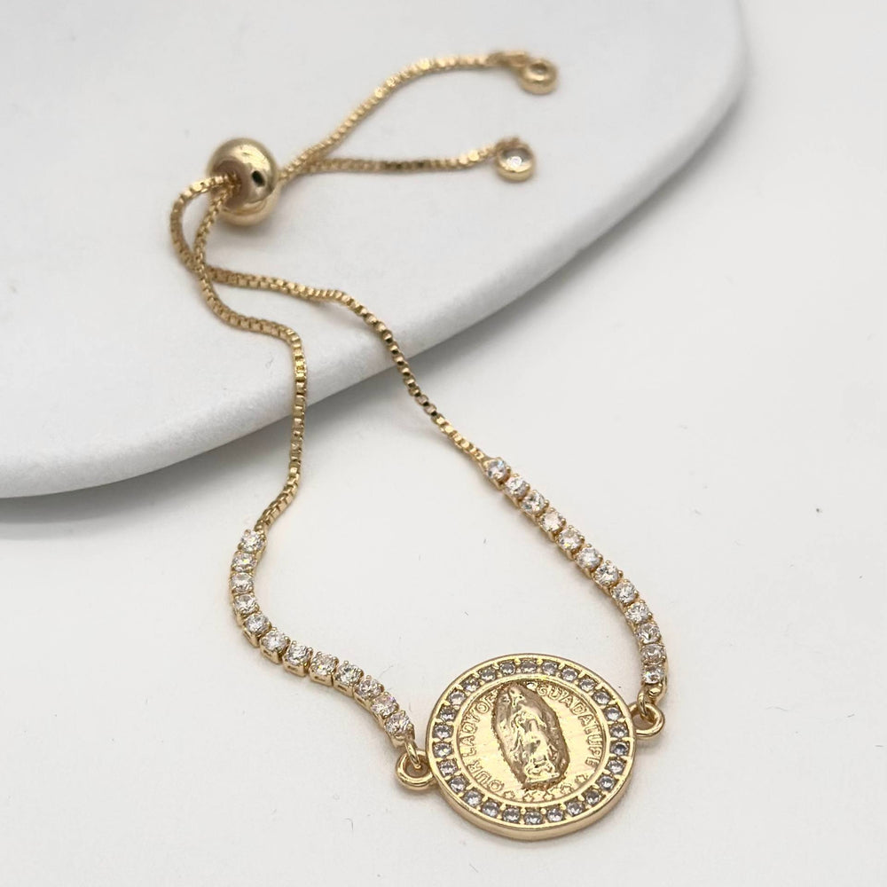 Pulsera Ajustable Virgen de Guadalupe con Zirconias | Chapa de Oro 18K