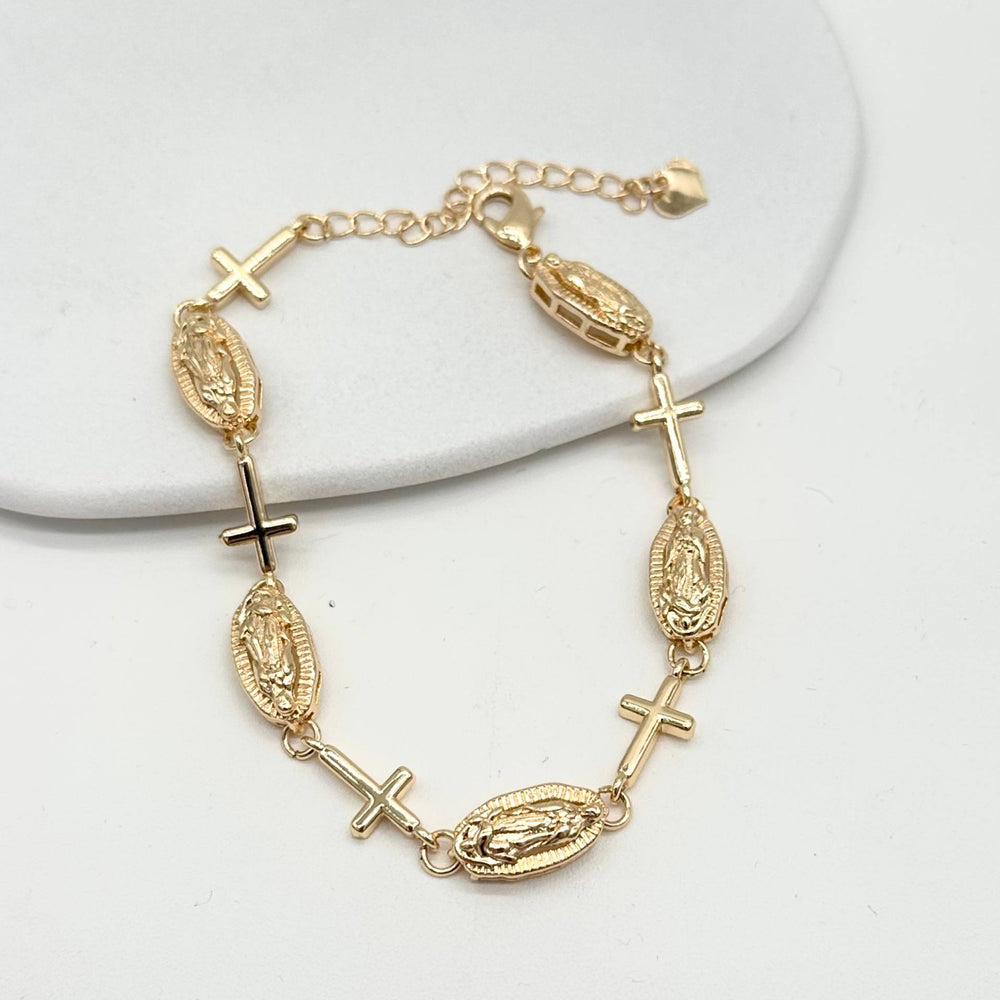 Pulsera Virgen de Guadalupe y Cruces | Chapa de Oro 18K
