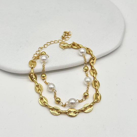 Pulsera Doble con Perlas y Eslabones | Chapa de Oro 18K