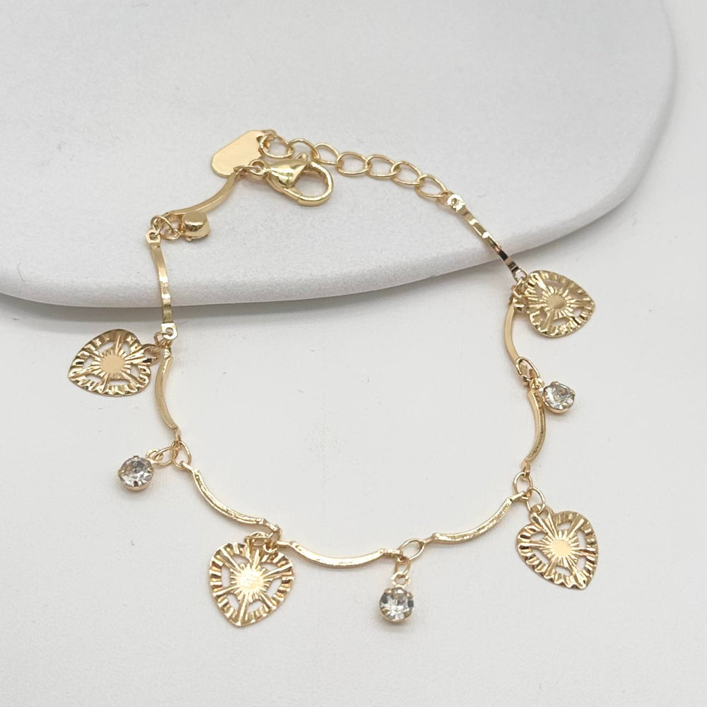 Pulsera con Dijes de Corazón y Cristales | Chapa de Oro 18K