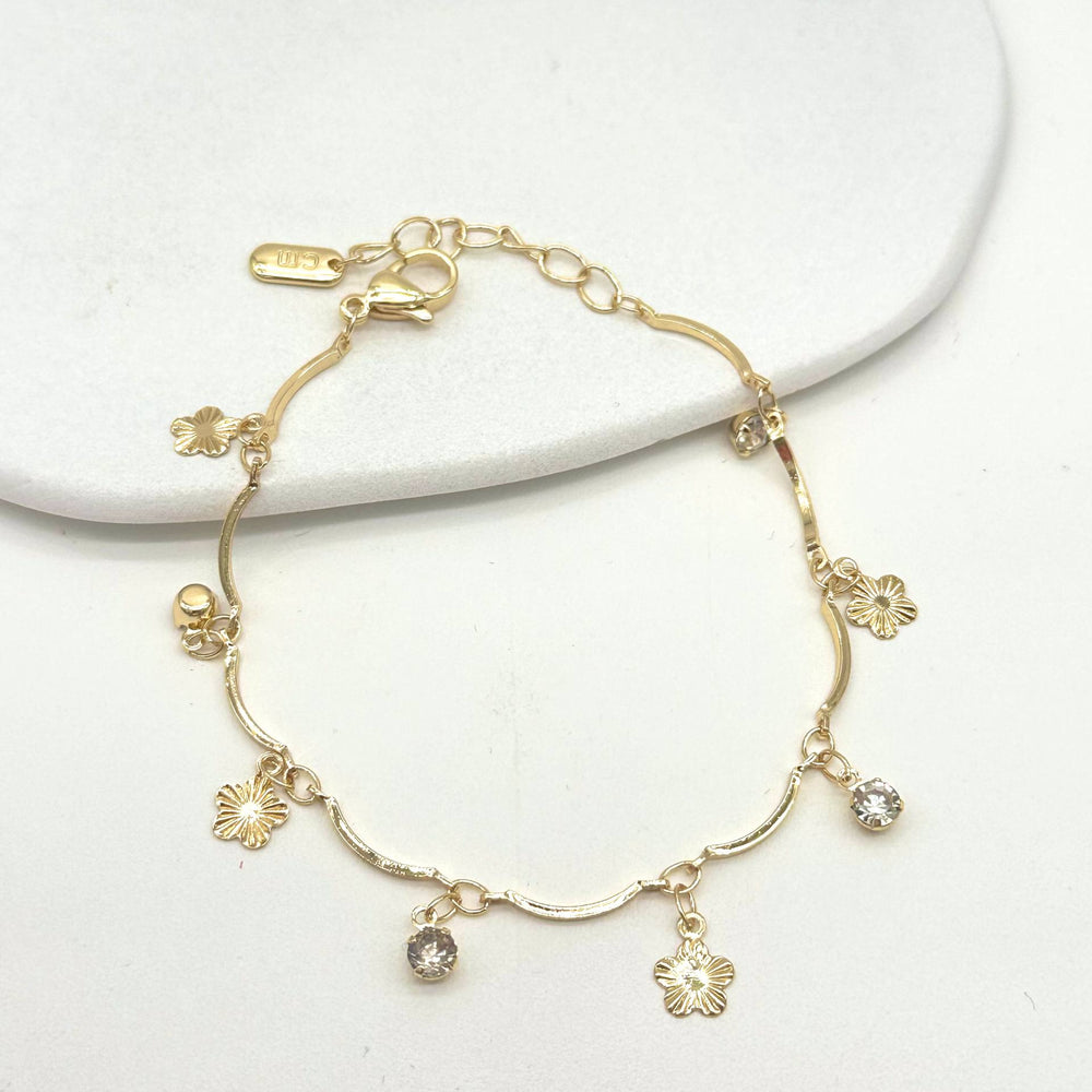 Pulsera con Flores y Cristales Colgantes | Chapa de Oro 18K