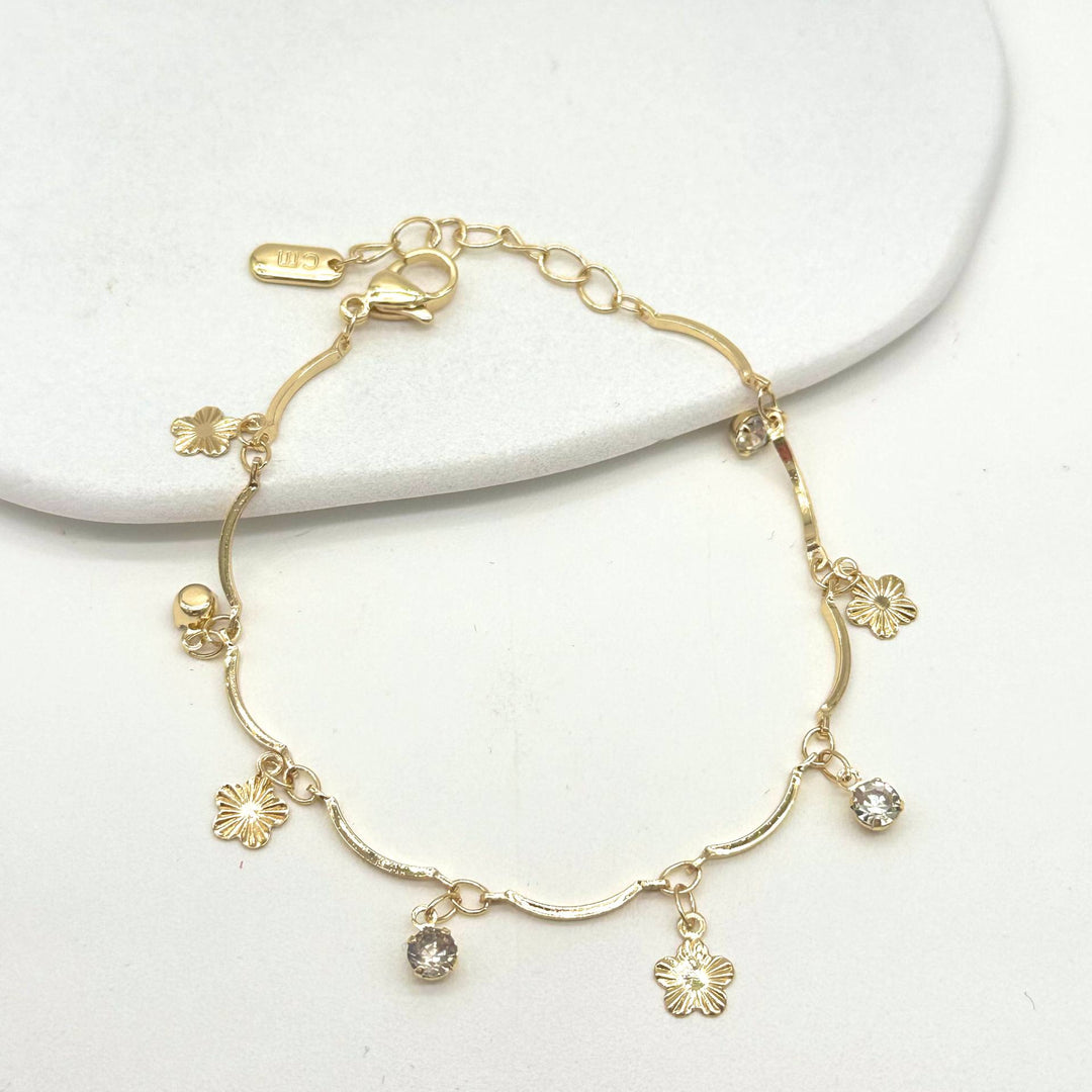 Pulsera con Flores y Cristales Colgantes | Chapa de Oro 18K