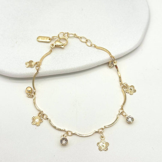 Pulsera con Flores y Cristales Colgantes | Chapa de Oro 18K