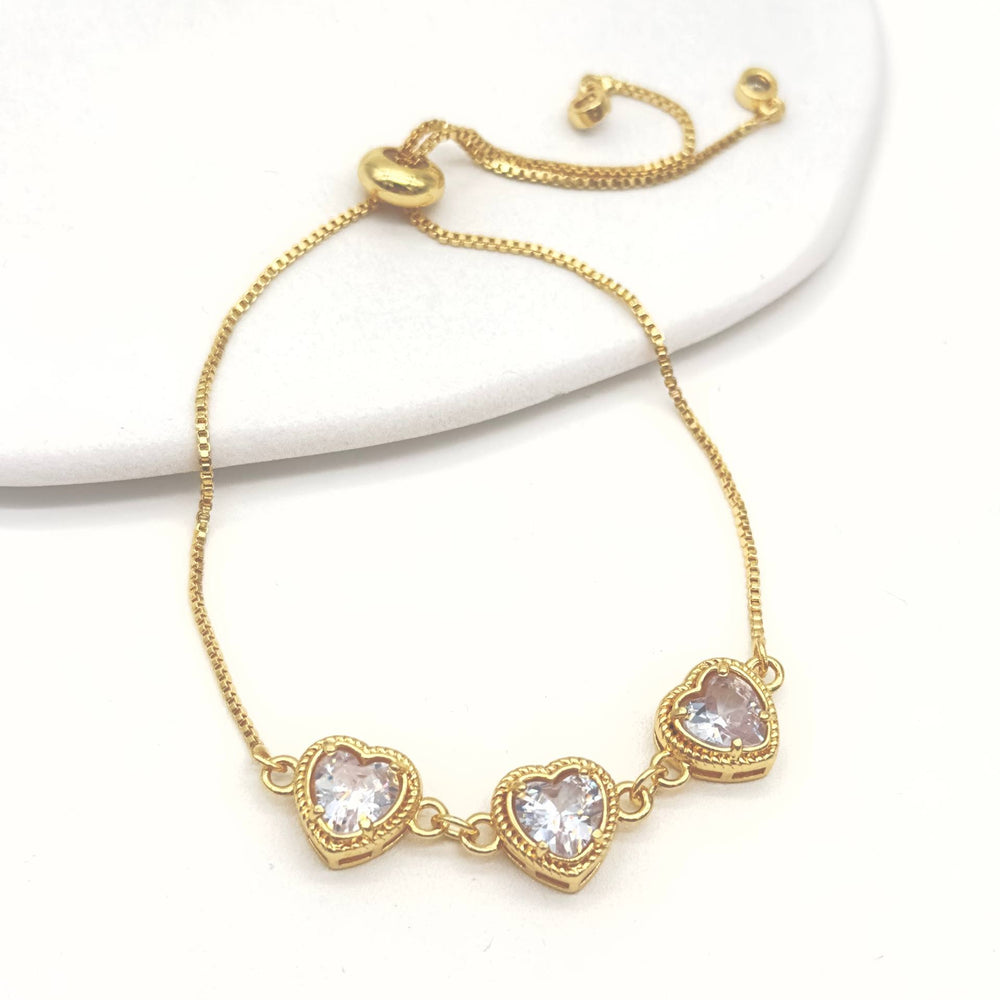 Pulsera Ajustable Triple Corazón Cristal | Chapa de Oro 18K