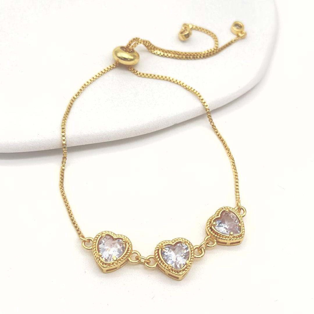 Pulsera Ajustable Triple Corazón Cristal | Chapa de Oro 18K
