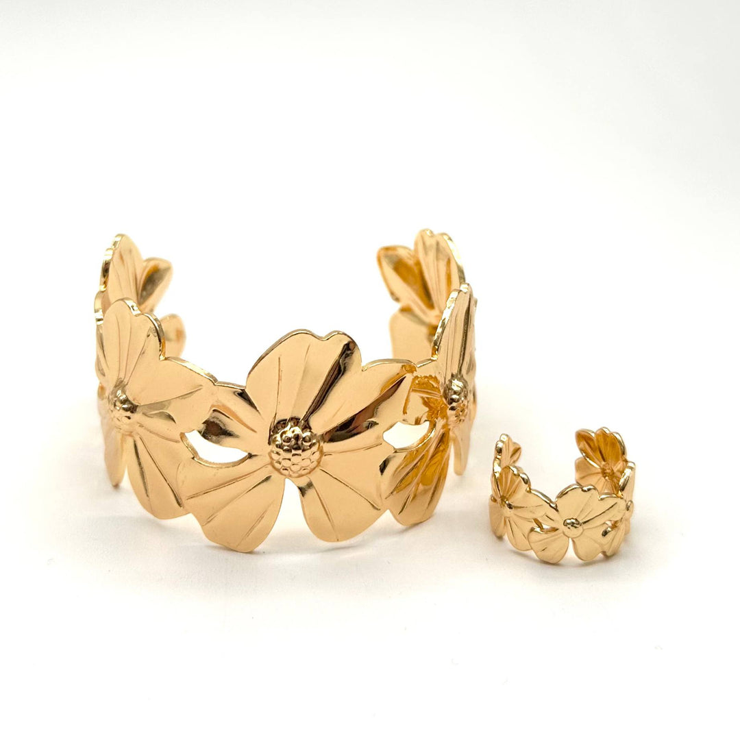 Set Brazalete y Anillo Flores | Chapa de Oro 18K