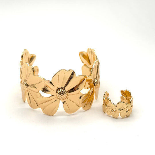 Set Brazalete y Anillo Flores | Chapa de Oro 18K