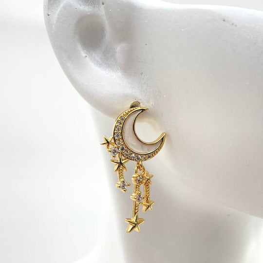 ARETE LUNA Y ESTRELLAS CHAPA DE ORO 18K