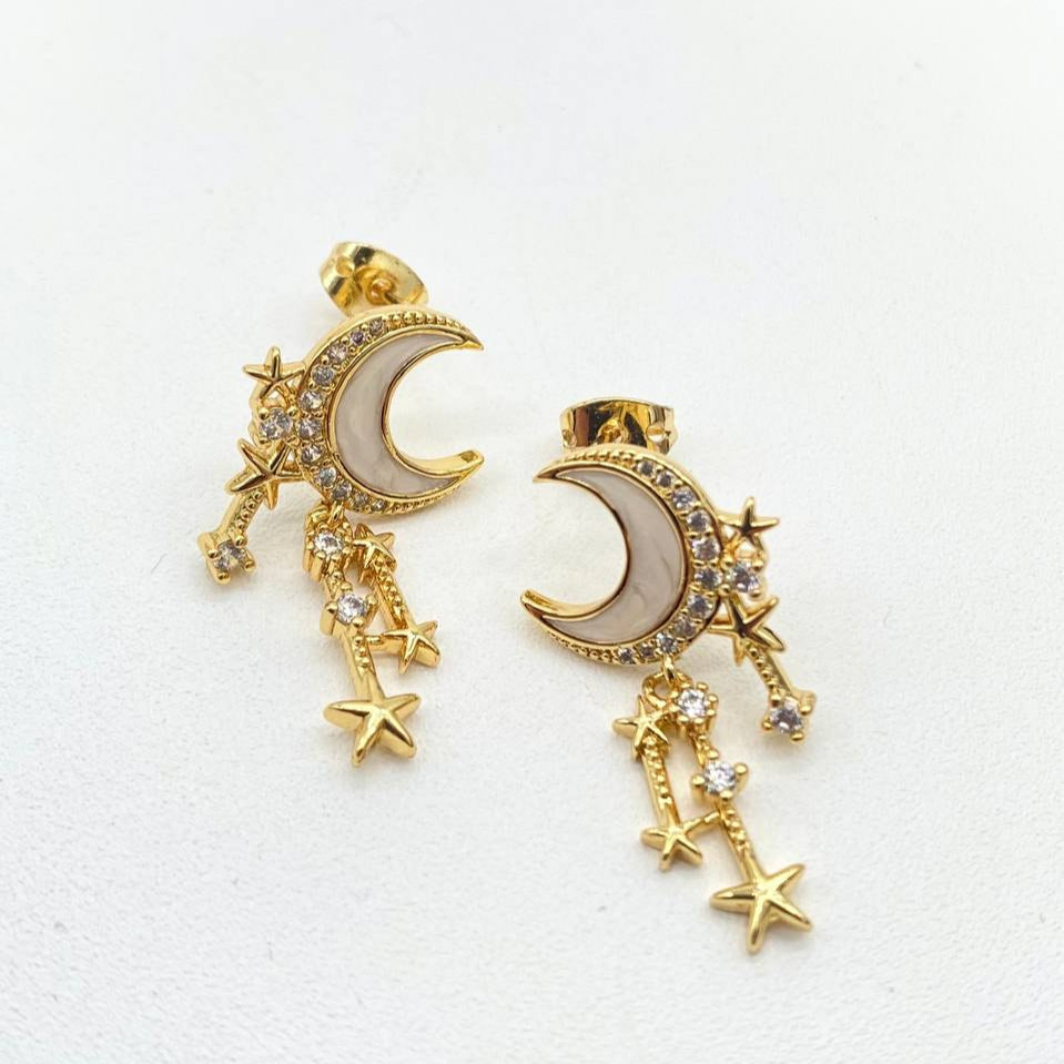 ARETE LUNA Y ESTRELLAS CHAPA DE ORO 18K